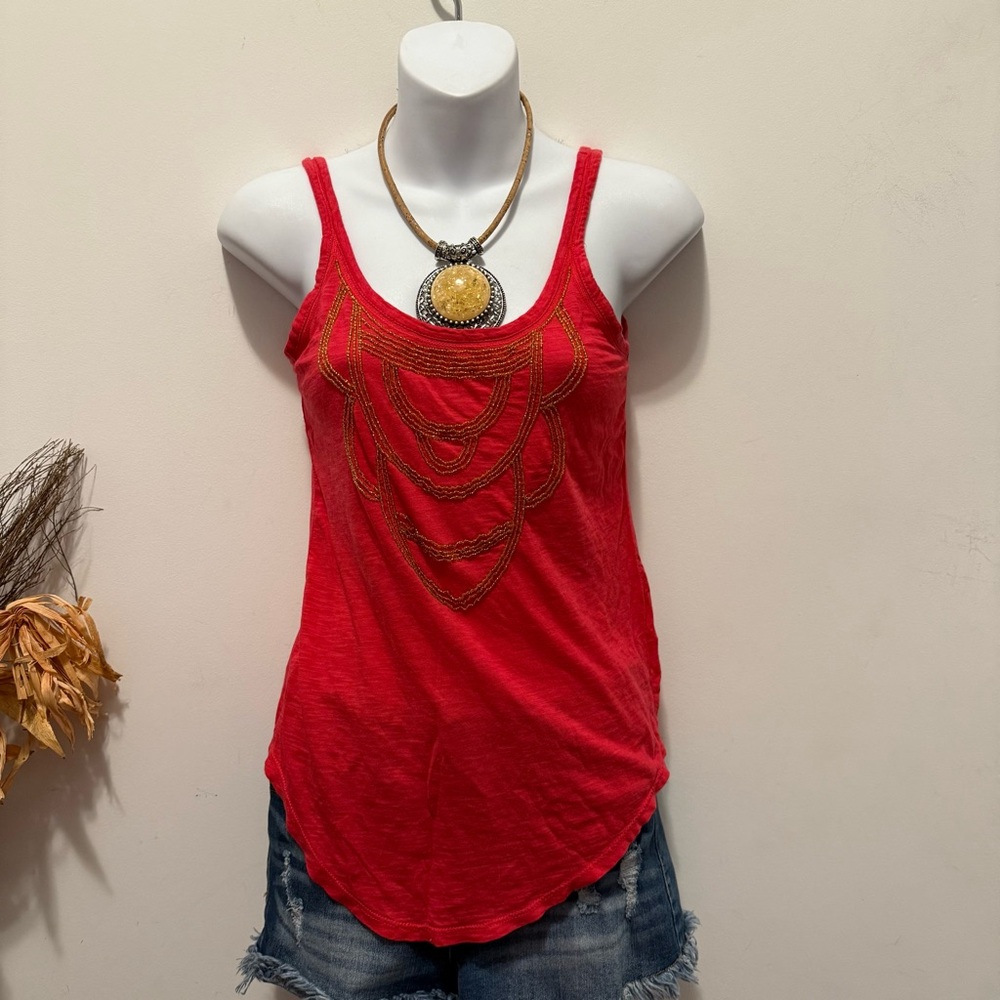 Red Sleeveless Top with Necklace Detail